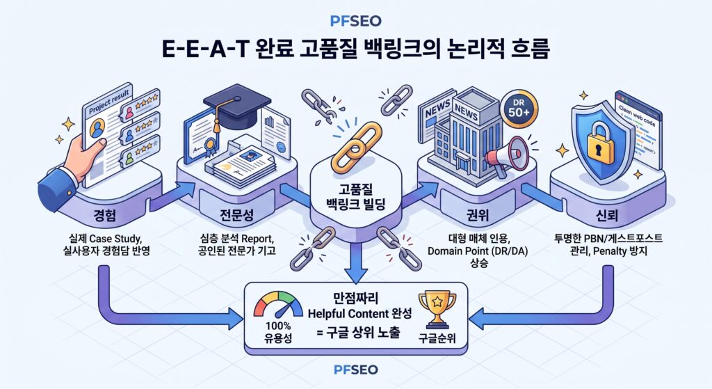 고품질 백링크가 E-E-A-T 신호(경험, 전문성, 권위, 신뢰)와 도메인 점수(DR/DA)에 미치는 영향 인포그래픽
